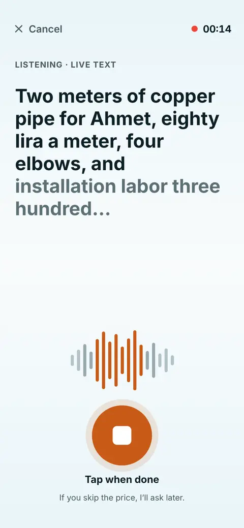 Voquo listening, with the sentence appearing as live text