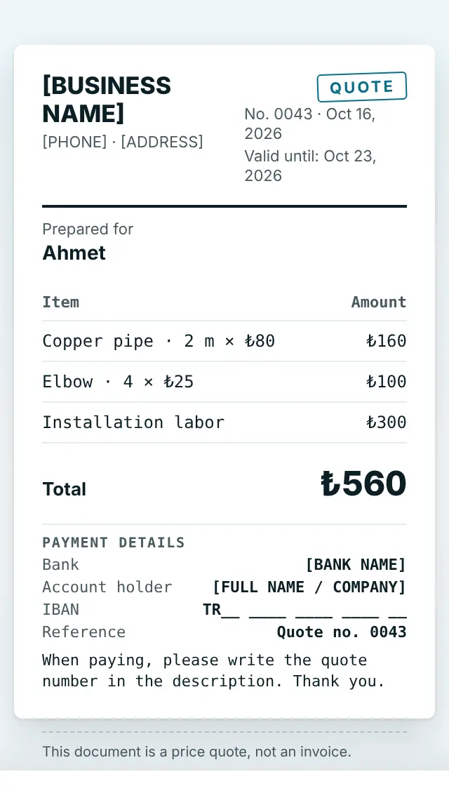 The PDF quote: business details, items, total, payment details and the not-an-invoice footer