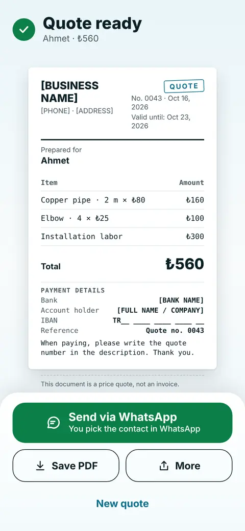 Finished quote as a PDF with a WhatsApp send button